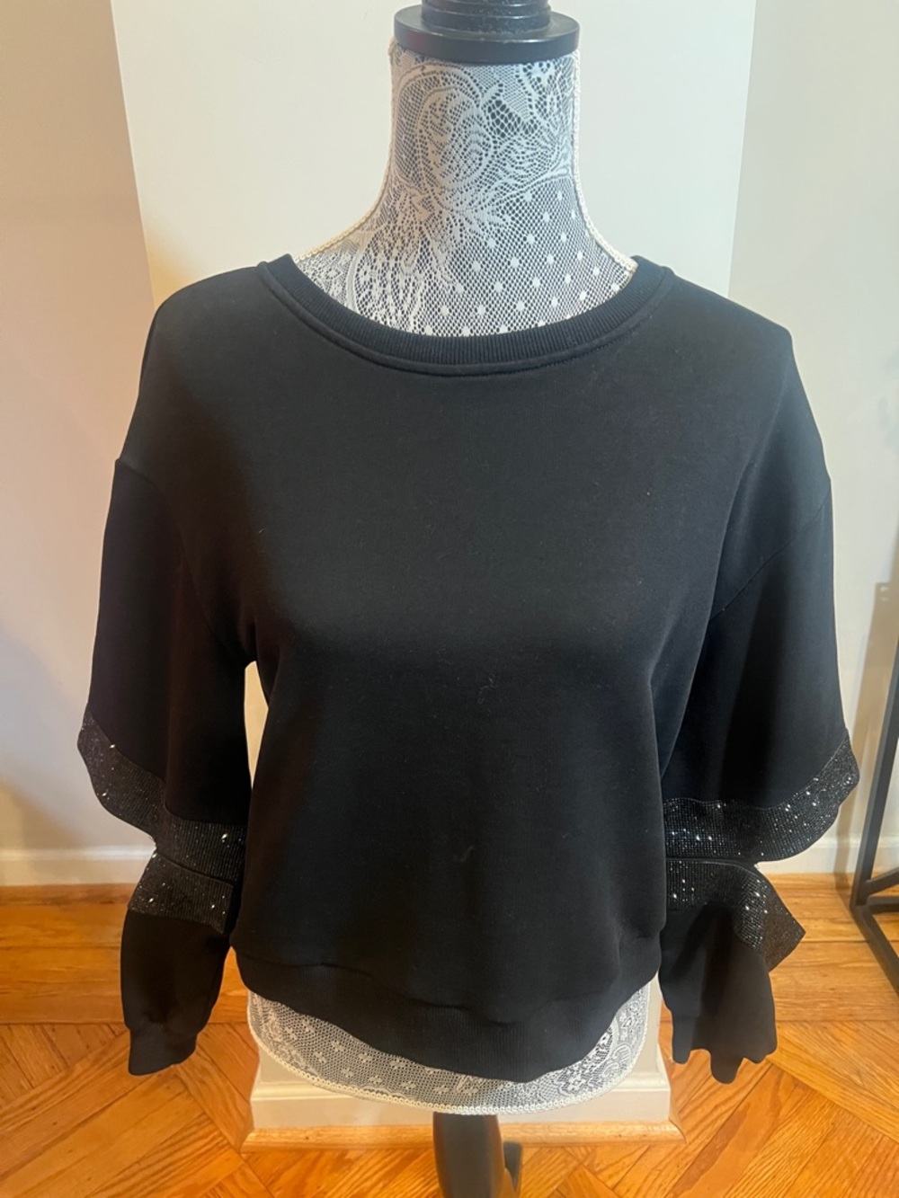 AKIRA Black Cropped Sweatshirt with Sparkle Sheer Trim